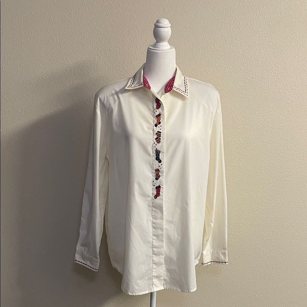 Vintage Karen Scott Blouse with Embroidered Christmas Stockings & Shoulder Pads
